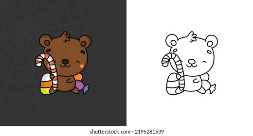 Halloween Brown Bear Clipart for Coloring Page and Illustration. Adorable Clip Art Halloween Bear. Cute Vector Illustration of a Kawaii Halloween Animals with Sweets.
