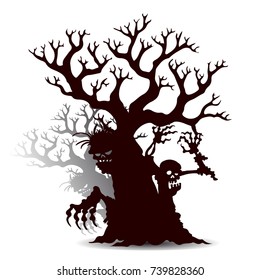 Halloween, Brown Silhouette, scary-zombie tree without leaves, on white background, vector