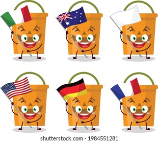 Halloween bucket cartoon character bring the flags of various countries