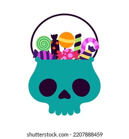 cubo de halloween en forma de calavera lleno de dulces, ilustración vectorial de dibujos animados para niños, caramelos de cesta de cráneo aislados en blanco