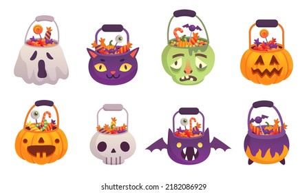 Halloween buckets. Candies in pumpkin basket, trick or treating bag for celebration tasty sweets jack o lantern bucket cartoon evil pumpkins container ingenious vector illustration of basket halloween