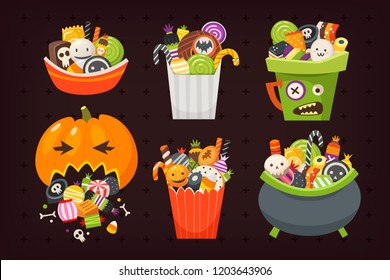 Halloween buckets of different shapes full of sweets, candies and desserts. Vector illustrations. Sweets are all separate icons. 