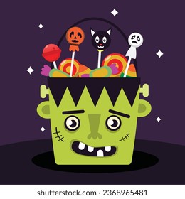 Halloween buckets of Frankenstein shapes full of sweets, candies and desserts. Sweets for children in Frankie head, bowler hat. Vector illustration in flat style SHOTLISTspooky