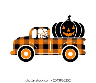 Halloween buffalo plaid truck  silhouette with pumpkin. Automobile with autumn harvest isolated on white background. Vector flat illustration. Design for banner, poster, sale, greeting card