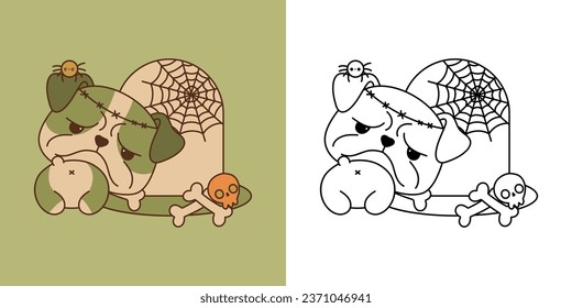 Halloween Bulldog Dog Multicolored and Black and White. Beautiful Clip Art Halloween Puppy. Cute Vector Illustration of a Kawaii Halloween Animal in a Zombie Costume. 