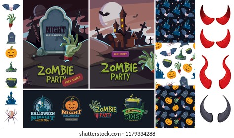 Halloween bundle art. Evil pumpkin bat symbols of horror night october zombie and witches invitation scary vector placard badges and patterns