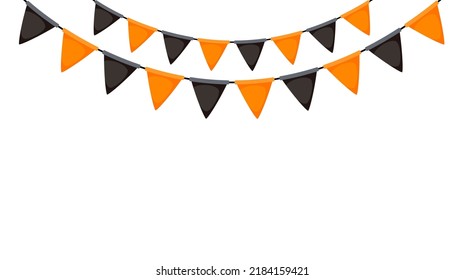 Halloween bunting. Black and orange flag garland. Triangle pennants chain. Party bunting decoration. Celebration flags for decor. Vector background 