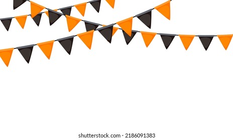 Halloween bunting. Black and orange flag garland. Triangle pennants chain. Party bunting decoration. Celebration flags for decor. Vector background 