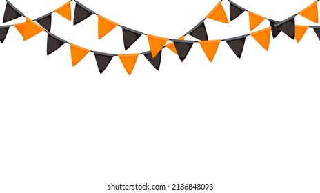 Halloween bunting. Black and orange flag garland. Triangle pennants repeating chain. Party bunting decoration. Celebration flags for decor. Vector background 