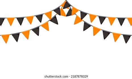 Blindaje de Halloween. Patria de bandera negra y naranja. Cadena de peniques triangulares. Decoración de fiesta. Banderas de celebración de la decoración. Fondo del vector 