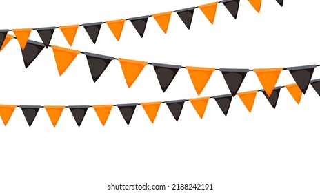 Halloween bunting. Black and orange flag garland. Triangle pennants chain. Party bunting decoration. Celebration flags for decor. Vector background 