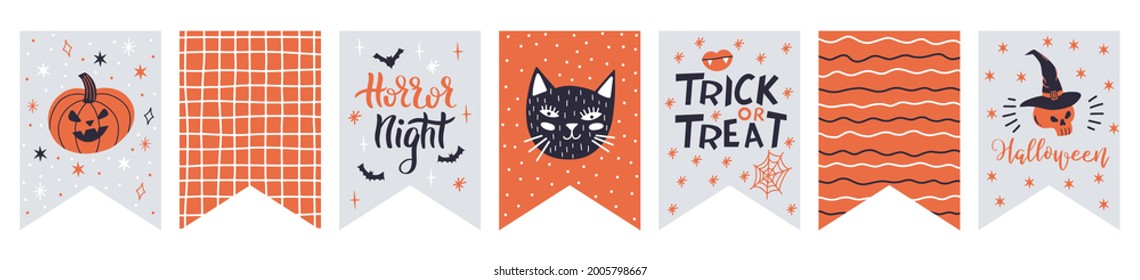 Halloween bunting. Cute halloween flags bunting decoration, hanging spooky bats and pumpkins bunting vector illustration set. Halloween party decor bunting autumn, ghost spooky cartoon