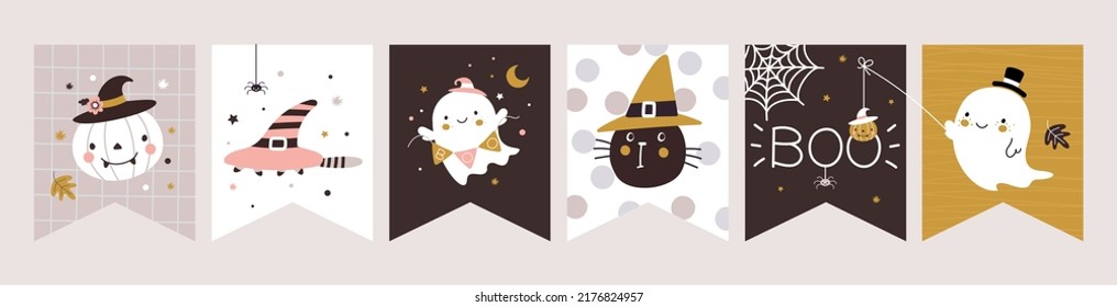 Halloween bunting design. Freaky ghost banner, happy flag or party garland. Art creative carnival elements, nowaday template with spooky vector characters