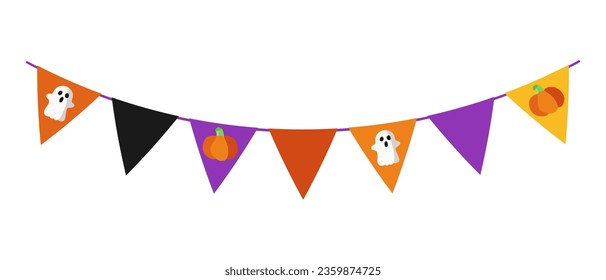 Halloween arrando con fantasmas y calabazas. Banderas multicolores. Decorativos coloridos penitentes por cumpleaños, festival, feria o carnaval. Ilustración vectorial.