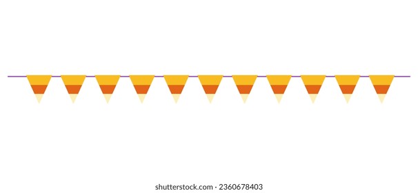 Blindaje de Halloween de maíz de dulce naranja y amarillo. Garland con banderas triangulares. Decorativos coloridos penitentes por cumpleaños, festival, feria o carnaval. Ilustración vectorial.