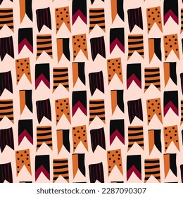 Halloween bunting vector seamless pattern. Halloween Flags Garland with orange and black texture. Spooky website or banner template. Vector Funny Hand Drawn illustration