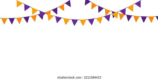 Halloween bunting. Violet and orange flag garland. Triangle pennants chain. Party bunting decoration. Celebration flags for decor. Vector background