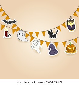 Halloween Buntings Flags with Pumpkin, Black cat, Ghost, Bat, Candle, Witch Hat and Owl, Decoration party