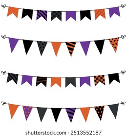 Conjunto de botines de Halloween. Vector naranja, negro, púrpura y gris. Guirnalda de banderines de festival. Decoración de Festiva de octubre. Banderitas