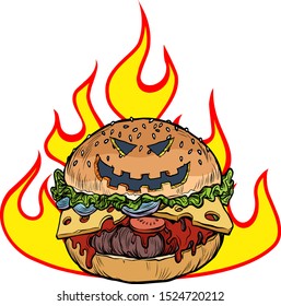 Halloween Burger in the flames of hell. Hot food. Pop art retro vector illustration kitsch vintage drawing