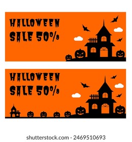 Halloween bussiness card background or web banner with spooky font and scary house and bat. discount or sale background. orange background. sale holidays 31 october