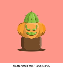 Halloween cactus with pumpkin monster style