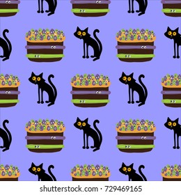 Halloween cake and cat pattern. vector illustration.