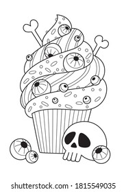 Halloween cake doodle coloring book page. Antistress for adults. Outline black and white illustration.