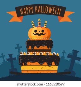 Halloween Cake, Jack-o-lantern pumpkin decorate on top of halloween colors cake.Vector illustration.