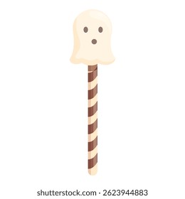Halloween cake pop designed as a white chocolate ghost covering a striped stick