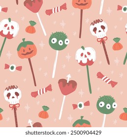 Pastel de Halloween pops y piruleta sin patrón de Ilustración vectorial