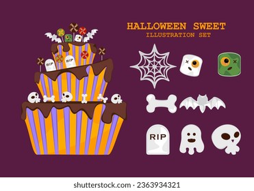 El juego de pasteles de Halloween ofrece elementos de Fancy Halloween Postres de Spooky: fantasmas, calabazas, cementerios, huesos, cráneos, murciélagos y arañas están decorados en la torre del pastel. Ilustración vectorial.