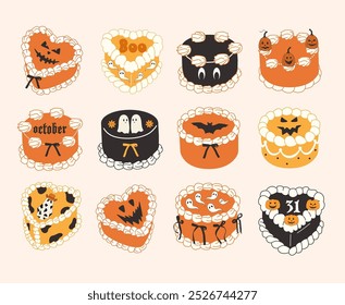 Coleção de bolos de Halloween. Doces de halloween bonitos e assustadores. Arcos de coquette. 