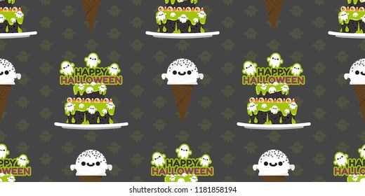Halloween Cakes & Ice creams, Ghost decorate on top of cake and ice cream repeated seamless pattern background.Vector illustration.
