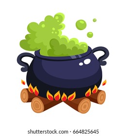 Halloween caldron, cauldron with boiling green potion on wood fire, cartoon vector illustration isolated on white background. Cartoon style Halloween caldron with magic green potion boiling inside