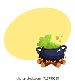 Halloween caldron, cauldron with boiling green potion on wood fire, cartoon vector illustration with space for text. Cartoon style Halloween caldron with magic green potion boiling inside