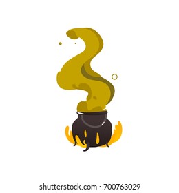 Halloween caldron, cauldron on fire with plumb of green steam going up, cartoon vector illustration isolated on white background. Cartoon style Halloween caldron on fire with green steam raising up
