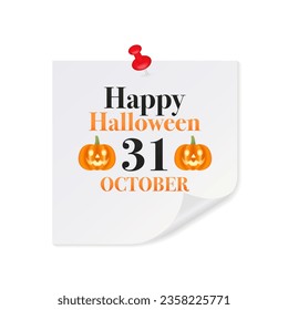 Halloween calendar with pumpkin. October 31st calendar colored icon. Halloween day. Happy halloween calendar paper sticker. Vector illustration