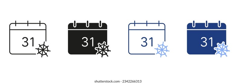 Halloween Calendar with Spider Web Line and Silhouette Icon Set. Date of October 31 on Calender Pictogram. Halloween Party Reminder Black and Color Symbol Collection. Isolated Vector Illustration.