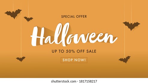 Halloween calligraphy with bats and . banners party invitation. Vector illustration. calligraphy of "halloween" Banner. 