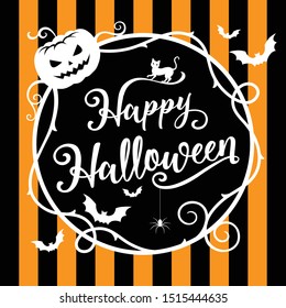 Halloween calligraphy and frame on stripe background