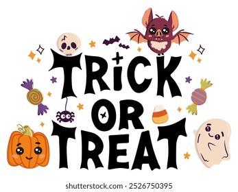 Halloween calligraphy lettering drawing by hand with cute halloween characters such as pumpkin, bat, spider and ghost in trendy flat style. Vector illustration isolated on a white background.