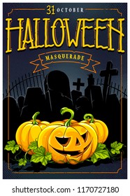 Halloween calligraphy and pumpkins on halftone retro background with graveyard stones. Retro style poster design template. Vector art.