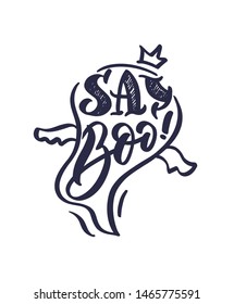 Halloween calligraphy "Say Boo". October holiday celebration handwritten lettering. Halloween festive decoration, sticker, poster, banner
