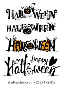 halloween calligraphy text collection, happy halloween stylish vector lettering, halloween text effect for banner poster flyer etc.