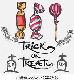 halloween candies with bat,grave icons.Halloween decorative vector elements with Trick or Treat lettering