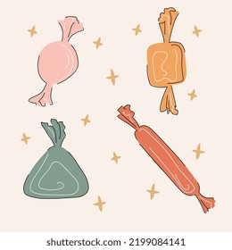 Halloween candies boho set vector illustration with stars isolated on light pink background. Different shapes, colors and sizes. Muted colors with black and white outline flat doodle style design