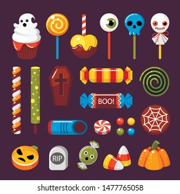 Halloween Candies Flat Vector Illustrations Set. Ghost Muffin, Skull Lollipop. Autumn Holiday Traditional Treat. Candy Corn, Jack Lantern Caramel And Casket Shaped Chocolate. Festive Sweets Pack