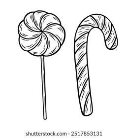Halloween candies illustrations set in line art style. Graphic Christmas sweets monochrome drawing. Hand drawn outline sketch, engraved doodle illustration. For coloring book, invitation, decoration.