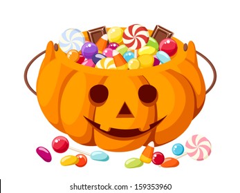 Halloween candies in Jack-O-Lantern bag. Vector illustration.